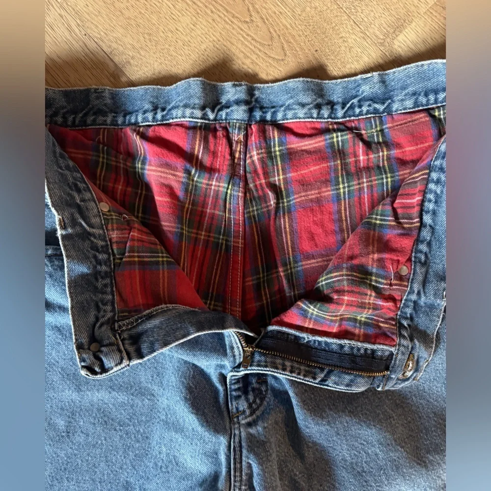 L.L. Bean Men's Relaxed Fit Red Plaid Flannel Lined Blue Jeans 42x30